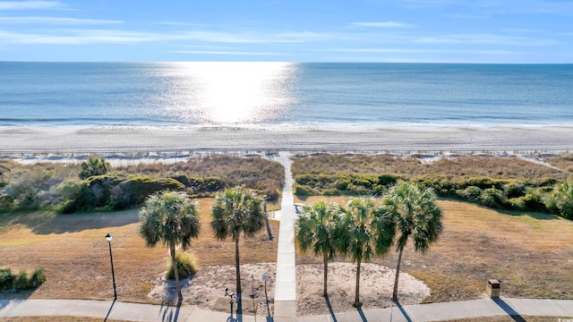 bird's eye view with a water view and a view of the beach