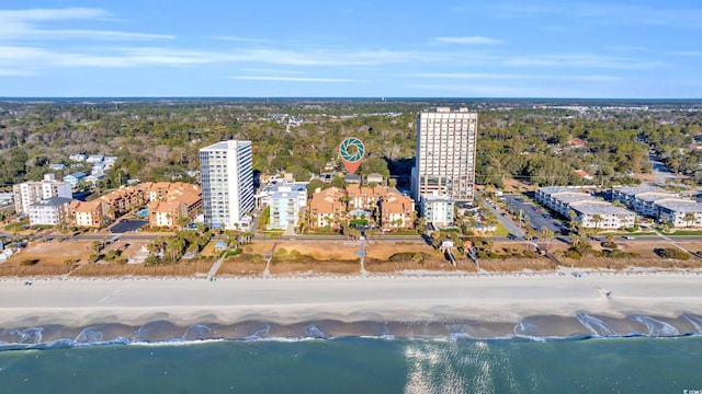 drone / aerial view with a water view and a beach view