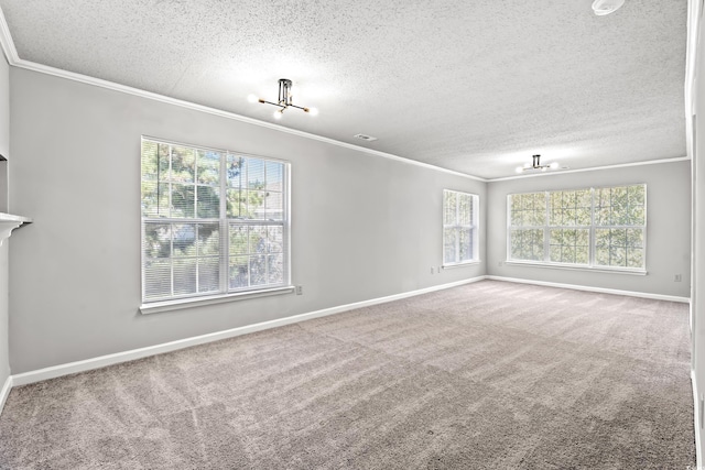 unfurnished room with carpet floors, ornamental molding, and a textured ceiling