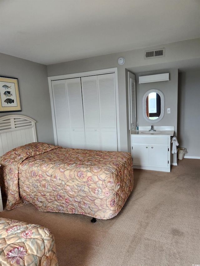 carpeted bedroom with a closet and sink