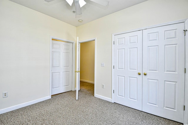 unfurnished bedroom with baseboards, a ceiling fan, and light colored carpet