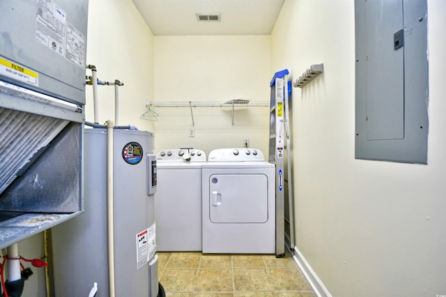 washroom with washing machine and clothes dryer, visible vents, electric water heater, laundry area, and electric panel