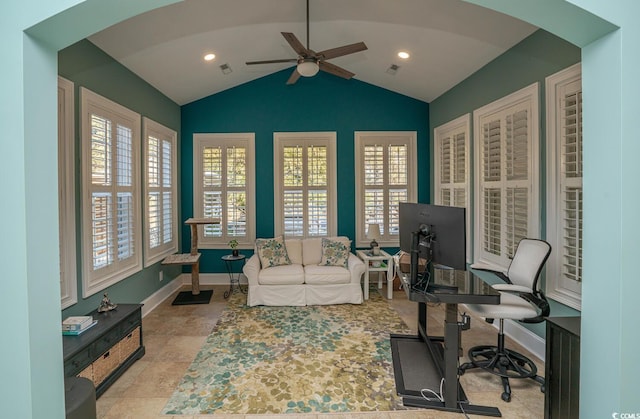 office with a healthy amount of sunlight, lofted ceiling, and ceiling fan