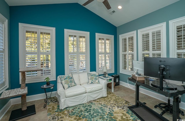 home office with vaulted ceiling and ceiling fan