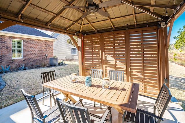 view of patio with ceiling fan, a gazebo, and central air condition unit