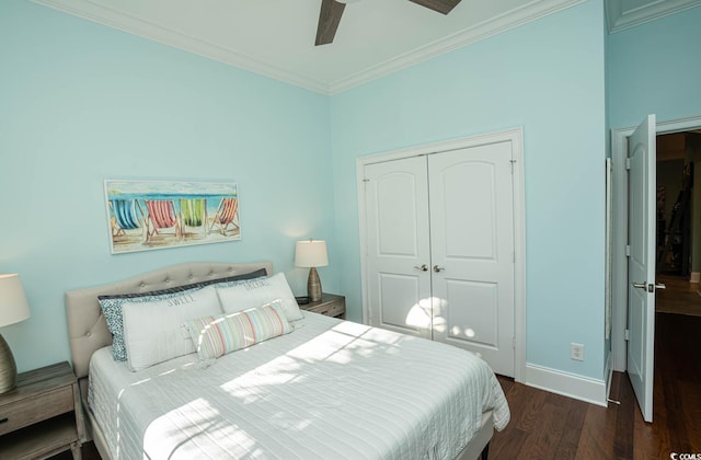 bedroom with ceiling fan, a closet, dark hardwood / wood-style floors, and crown molding