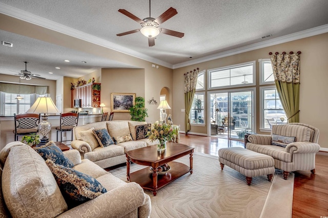 living room featuring ceiling fan, light wood-type flooring, plenty of natural light, and a textured ceiling