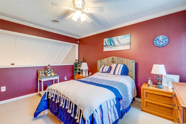 bedroom with crown molding, light colored carpet, ceiling fan, and a textured ceiling