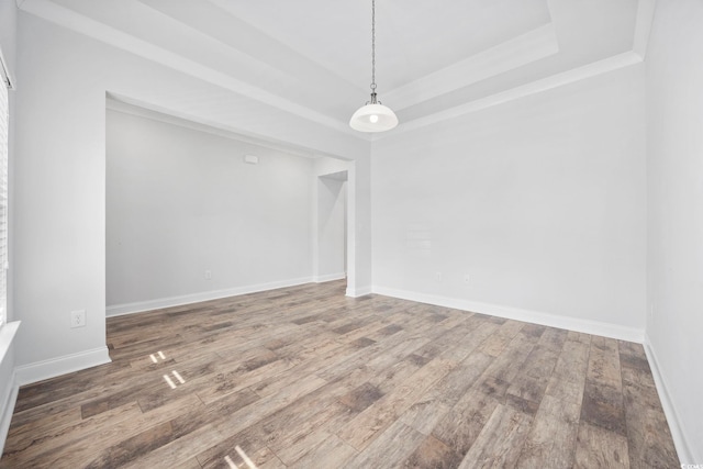 spare room with a raised ceiling and hardwood / wood-style flooring