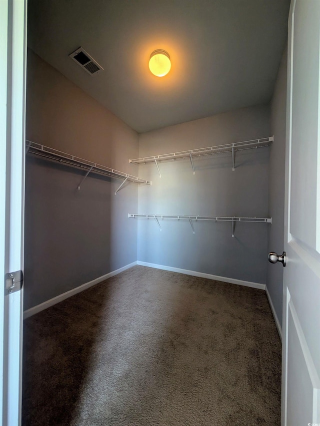 spacious closet featuring dark colored carpet