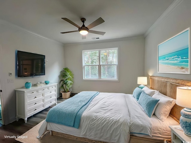 bedroom with ceiling fan, dark hardwood / wood-style flooring, and crown molding