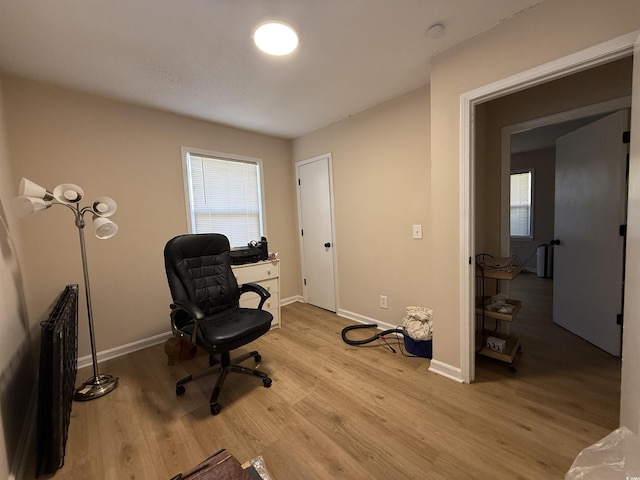 living area featuring baseboards, light wood-style flooring, and a healthy amount of sunlight