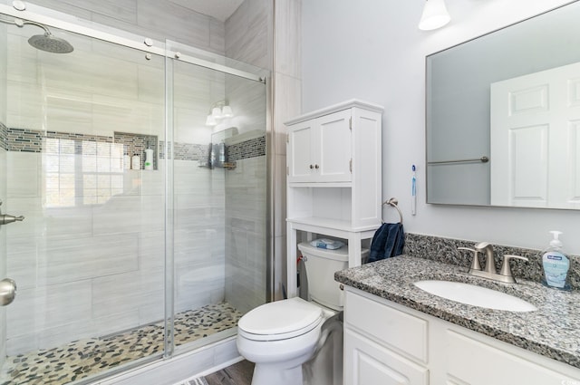 bathroom featuring toilet, vanity, and walk in shower