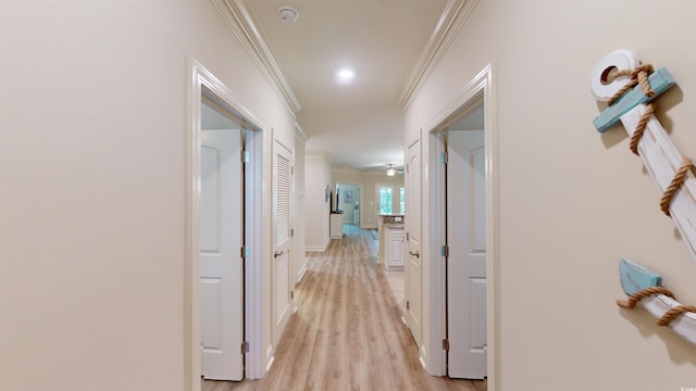 hallway featuring ornamental molding and light hardwood / wood-style floors