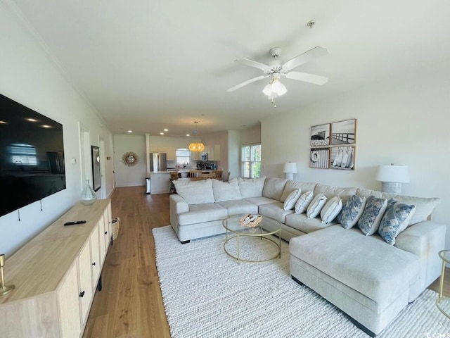 living room with light hardwood / wood-style floors and ceiling fan