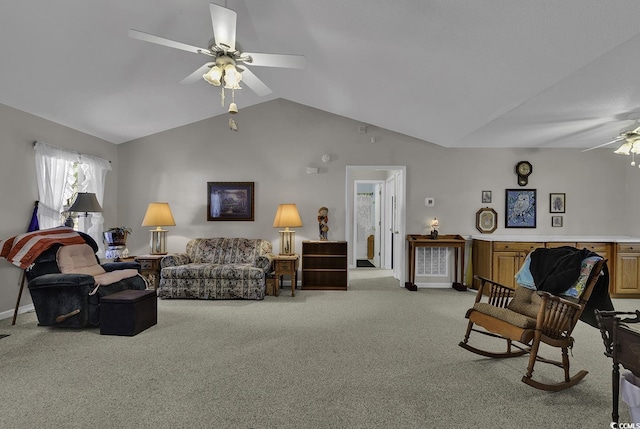 carpeted living room with vaulted ceiling and ceiling fan