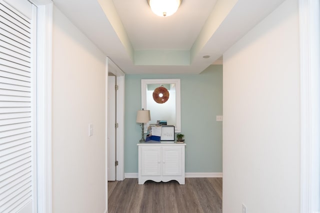 corridor with a tray ceiling and hardwood / wood-style flooring