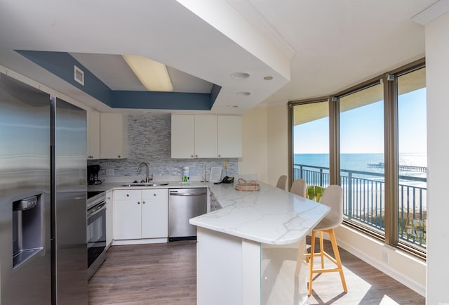 kitchen featuring sink, decorative backsplash, kitchen peninsula, stainless steel appliances, and a water view