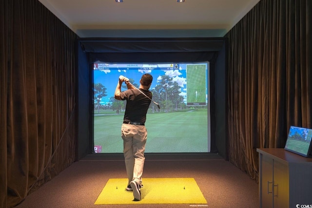 home theater room featuring golf simulator and carpet flooring