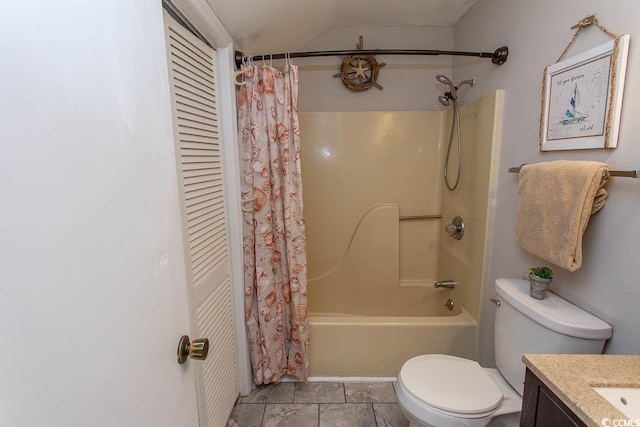 full bathroom featuring vanity, shower / tub combo with curtain, and toilet