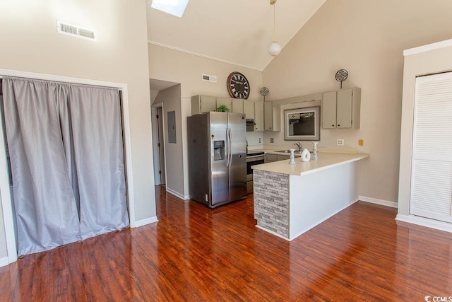 kitchen featuring high vaulted ceiling, appliances with stainless steel finishes, dark hardwood / wood-style floors, and sink