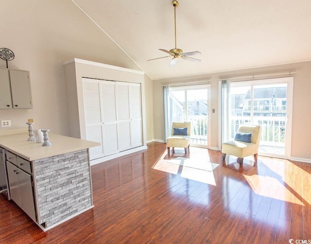 living area featuring dark hardwood / wood-style flooring, lofted ceiling, and ceiling fan