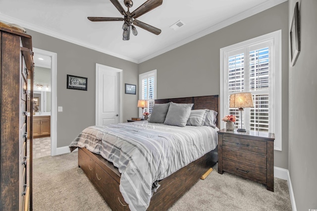 bedroom featuring connected bathroom, multiple windows, ornamental molding, light colored carpet, and ceiling fan