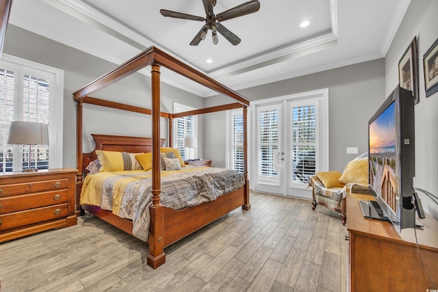 bedroom with french doors, crown molding, ceiling fan, access to exterior, and light hardwood / wood-style floors