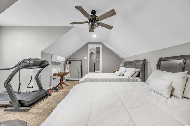 carpeted bedroom with vaulted ceiling, a wall mounted AC, and ceiling fan