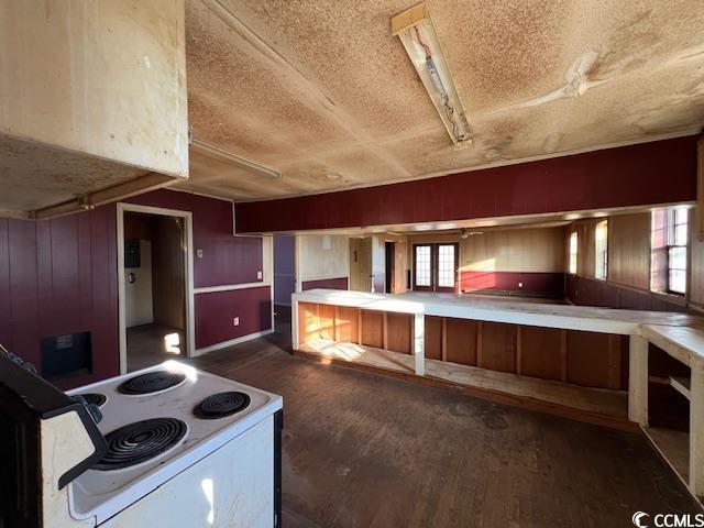 kitchen with electric stove and dark hardwood / wood-style floors