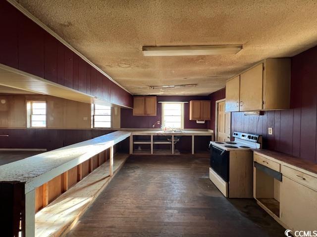 kitchen featuring a textured ceiling, dark wood-type flooring, and electric stove