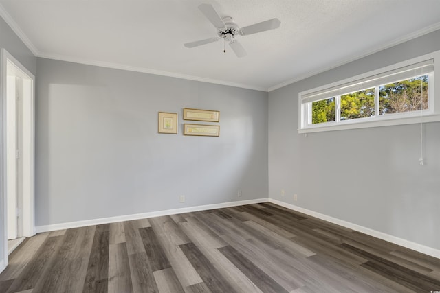 unfurnished room featuring a textured ceiling, ceiling fan, dark hardwood / wood-style flooring, and ornamental molding