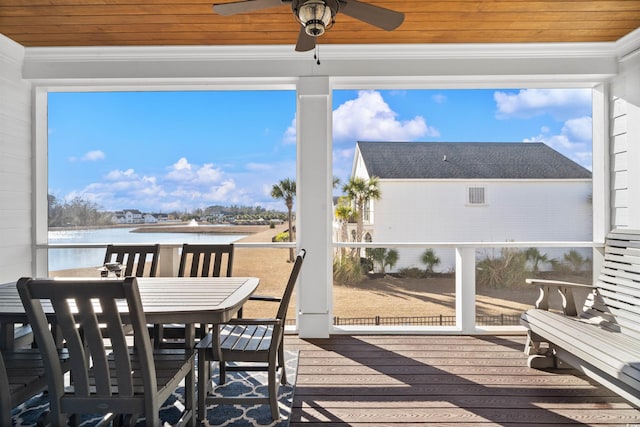 sunroom with ceiling fan, wooden ceiling, and a water view