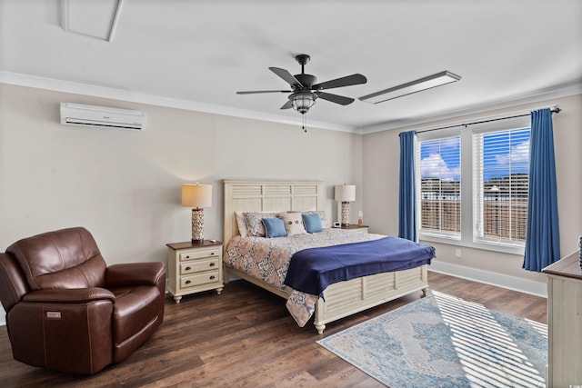 bedroom with ceiling fan, dark hardwood / wood-style floors, ornamental molding, and a wall unit AC