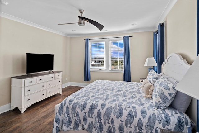 bedroom featuring ceiling fan, crown molding, and dark hardwood / wood-style floors