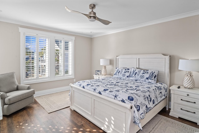 bedroom with ceiling fan, dark hardwood / wood-style flooring, and crown molding