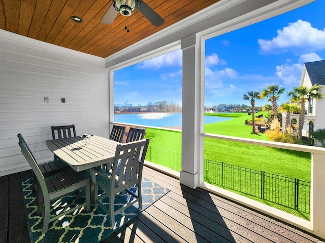 deck with ceiling fan, a lawn, and a water view