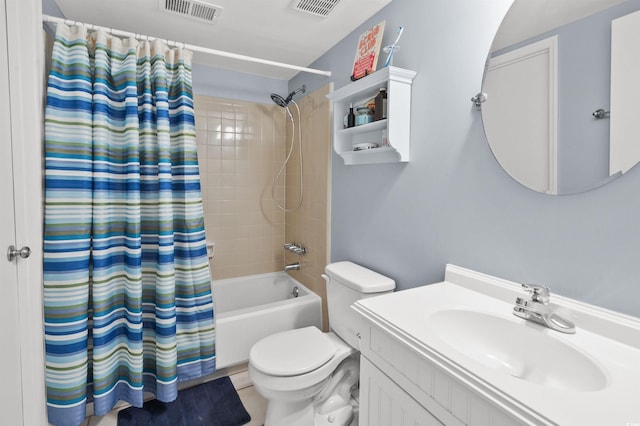 full bathroom featuring vanity, shower / tub combo with curtain, and toilet