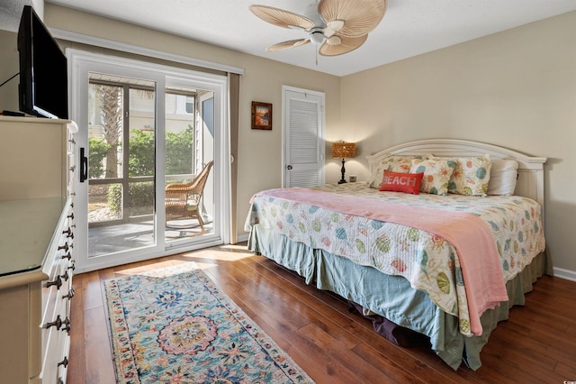 bedroom with access to exterior, wood-type flooring, a closet, and ceiling fan