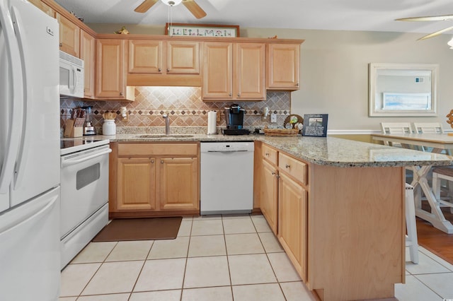 kitchen featuring sink, white appliances, kitchen peninsula, and ceiling fan