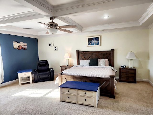 bedroom featuring carpet floors, coffered ceiling, baseboards, beamed ceiling, and crown molding