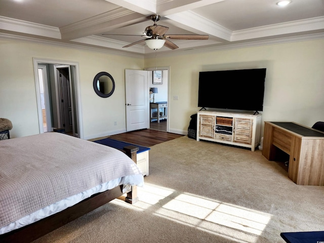 carpeted bedroom with crown molding, coffered ceiling, and beam ceiling