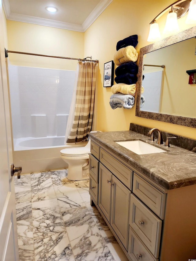 full bathroom featuring toilet, marble finish floor, shower / tub combo, and crown molding