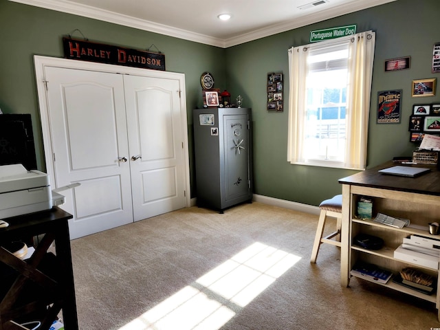 office area featuring baseboards, ornamental molding, visible vents, and light colored carpet