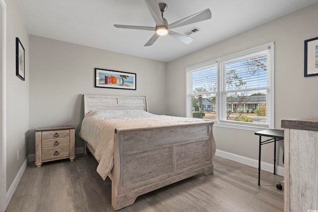 bedroom with ceiling fan and wood-type flooring