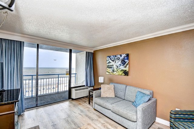 living room featuring hardwood / wood-style floors, crown molding, a water view, and a textured ceiling