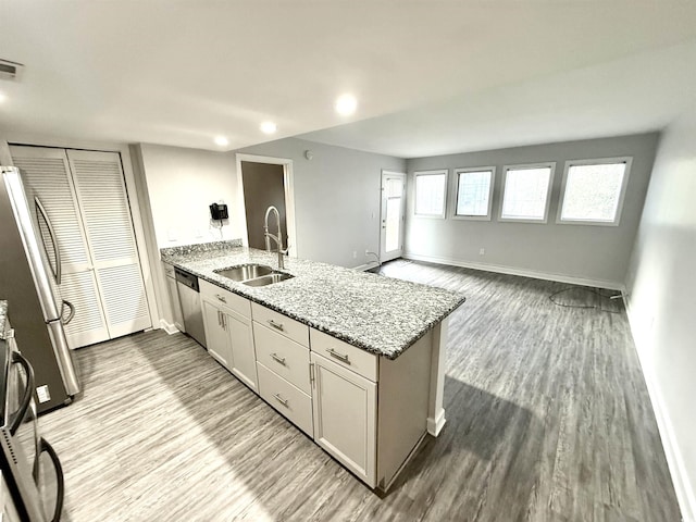 kitchen with light hardwood / wood-style floors, light stone countertops, appliances with stainless steel finishes, and sink