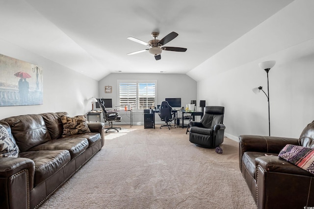 carpeted living room featuring vaulted ceiling and ceiling fan