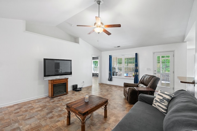 living room with vaulted ceiling and ceiling fan