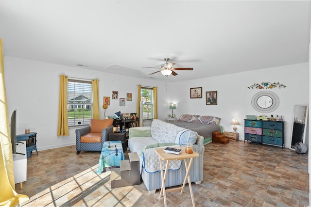 living room with ceiling fan